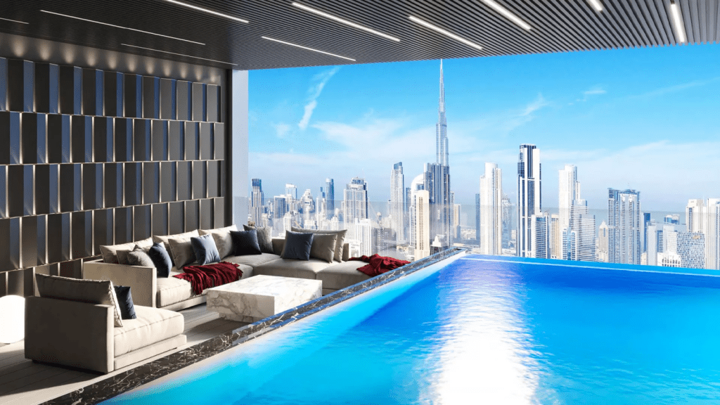 Illuminated lounge due to floor to ceiling windows in a luxury penthouse in Dubai.