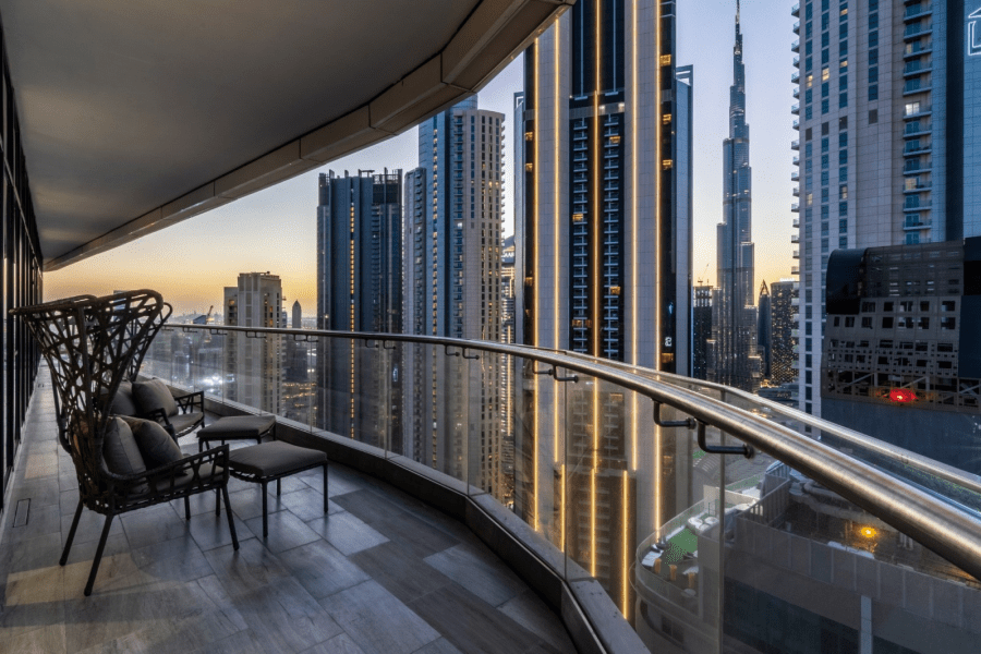 Marvellous views of high rise buildings from a balcony of luxury penthouse in Dubai.